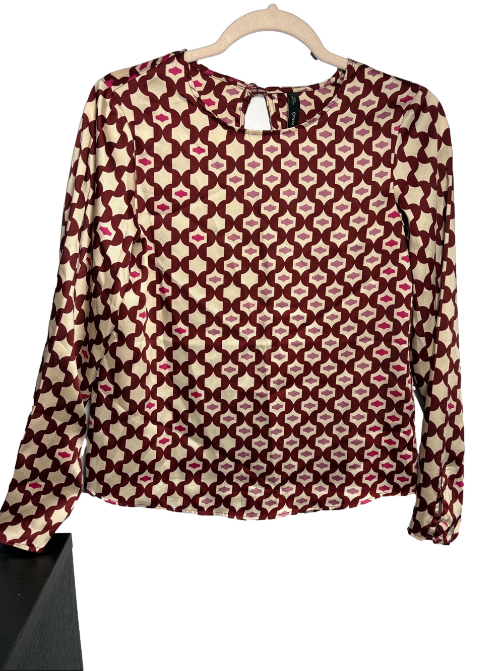 Mango Geometric Print Long Sleeve Blouse - Burgundy & Cream